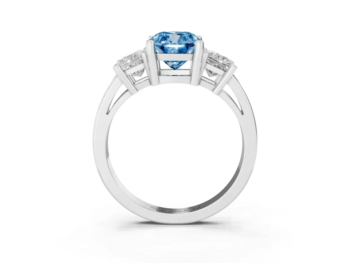 Fancy Blue Three-Stone Cushion Cut Cut Solitaire Ring with Prong Setting Platinum