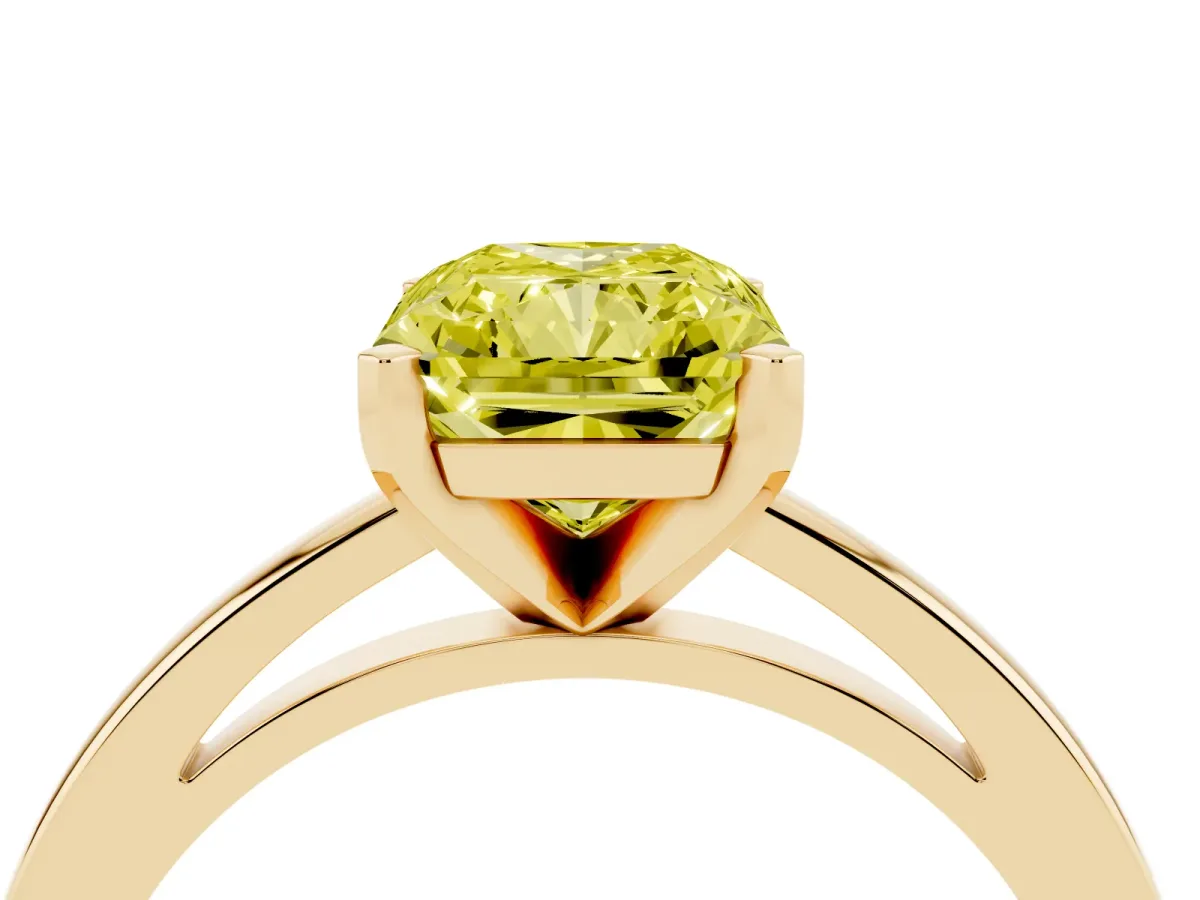 Fancy Yellow Radiant Cut Solitaire Diamond Engagement Ring with Four-Prong Setting on a Classic Band Yellow gold