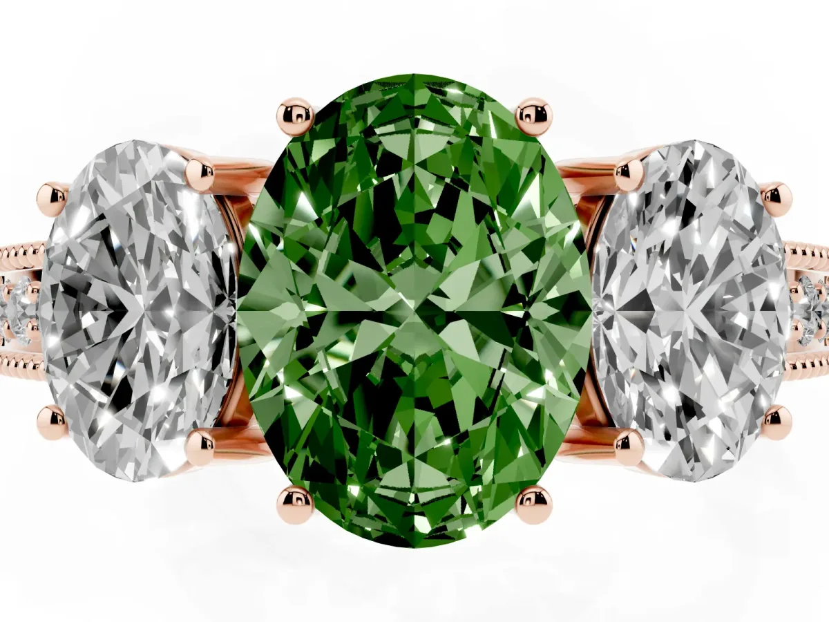 Fancy Green Three-Stone Oval Cut Cut Milgrain Pavé Engagement Ring Rose gold