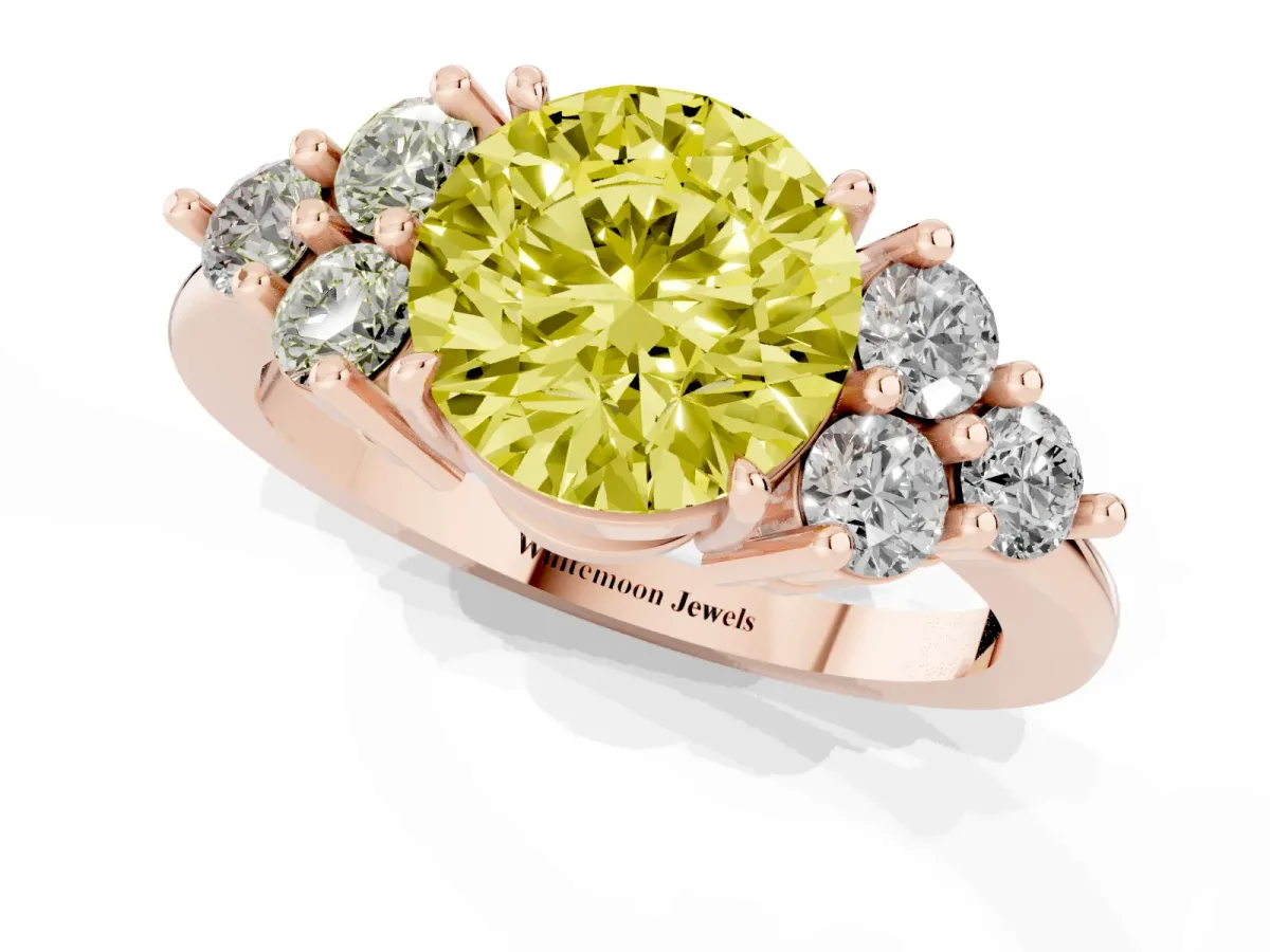 Fancy Yellow Round Cut Brilliant Diamond Cluster Accent Solitaire Ring with Prong Setting Rose gold