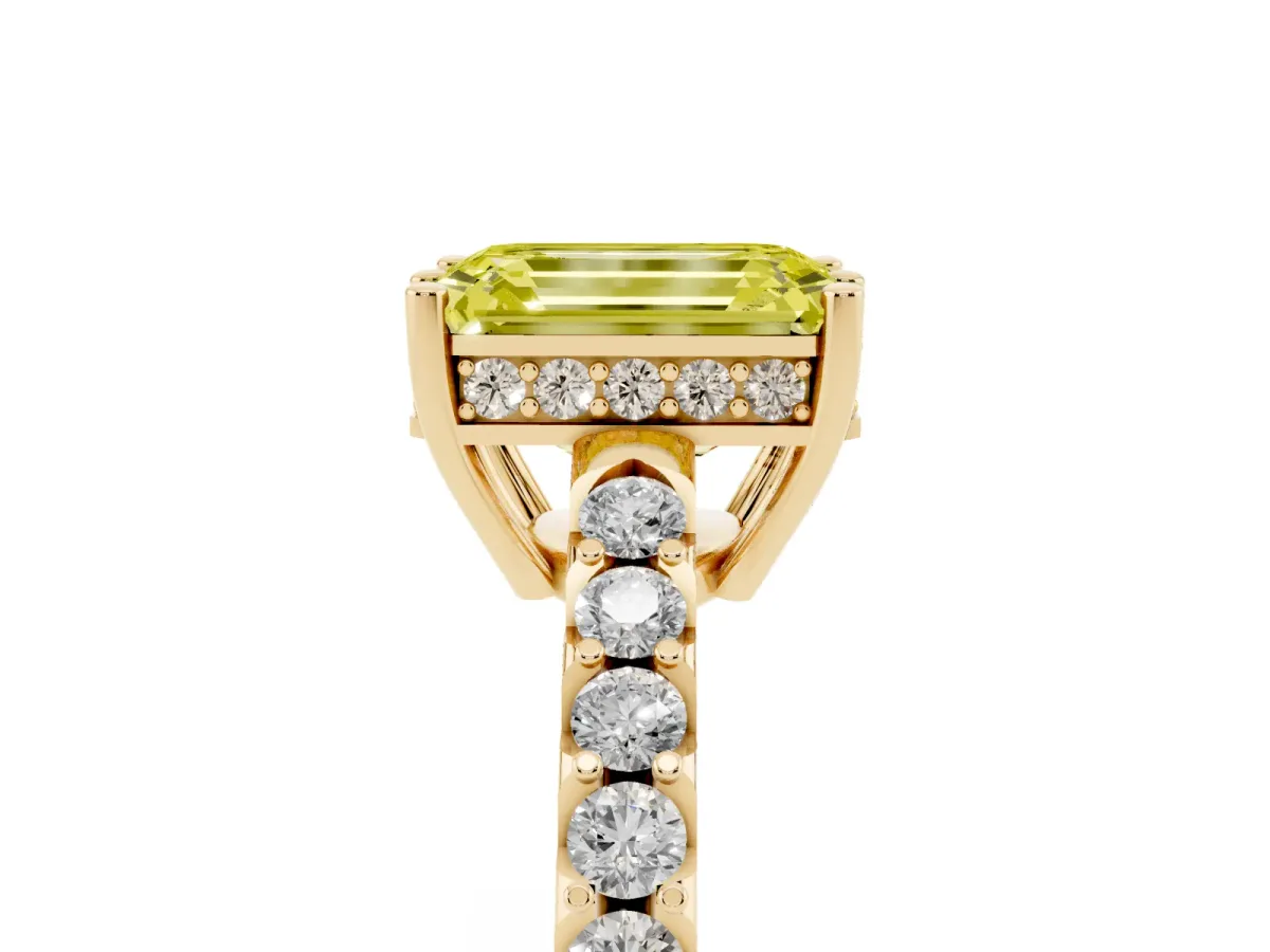 Fancy Yellow Emerald Cut Solitaire Diamond Engagement Ring with Pavé Band and Six-Prong Setting Yellow gold