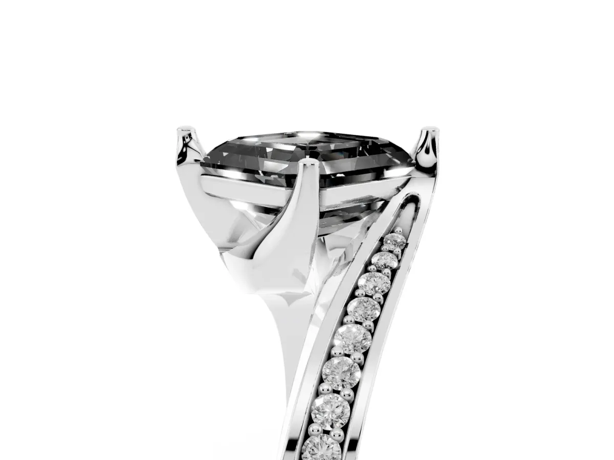Fancy Black Asscher Cut Solitaire Diamond Twist Band with Pavé Setting and Four-Prong Setting Silver