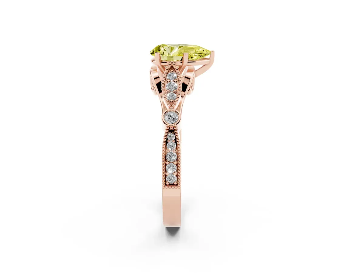 Fancy Yellow Pear Cut Cut Diamond with Milgrain Marquise and Bezel Accents on a Solitaire Band with Prong Setting Rose gold