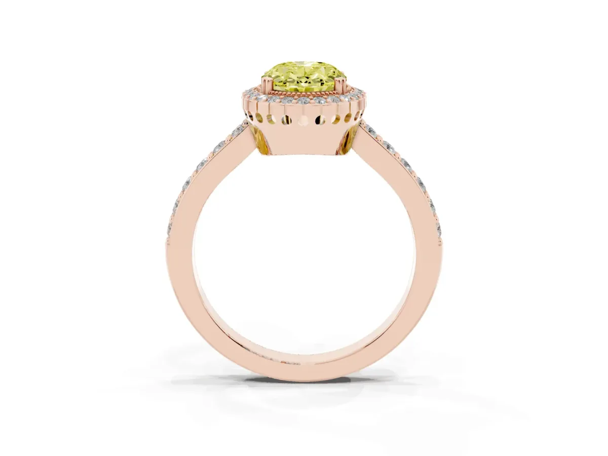 Fancy Yellow Oval Cut Cut Diamond Halo Engagement Ring with Milgrain Detail and Pavé Band Rose gold