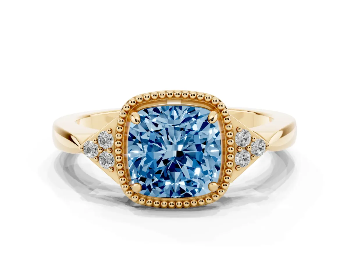 Fancy Blue Hexagonal Halo Cushion Cut Diamond Solitaire with Pavé Band and Four-Prong Setting Yellow gold