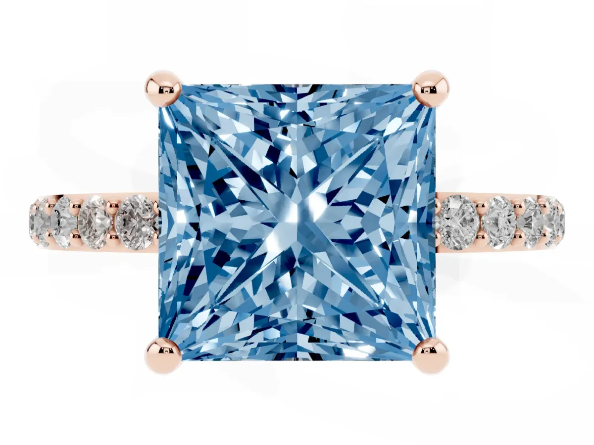 Fancy Blue Princess Cut Diamond Solitaire Ring with Round Pavé Band and Prong Setting Rose gold