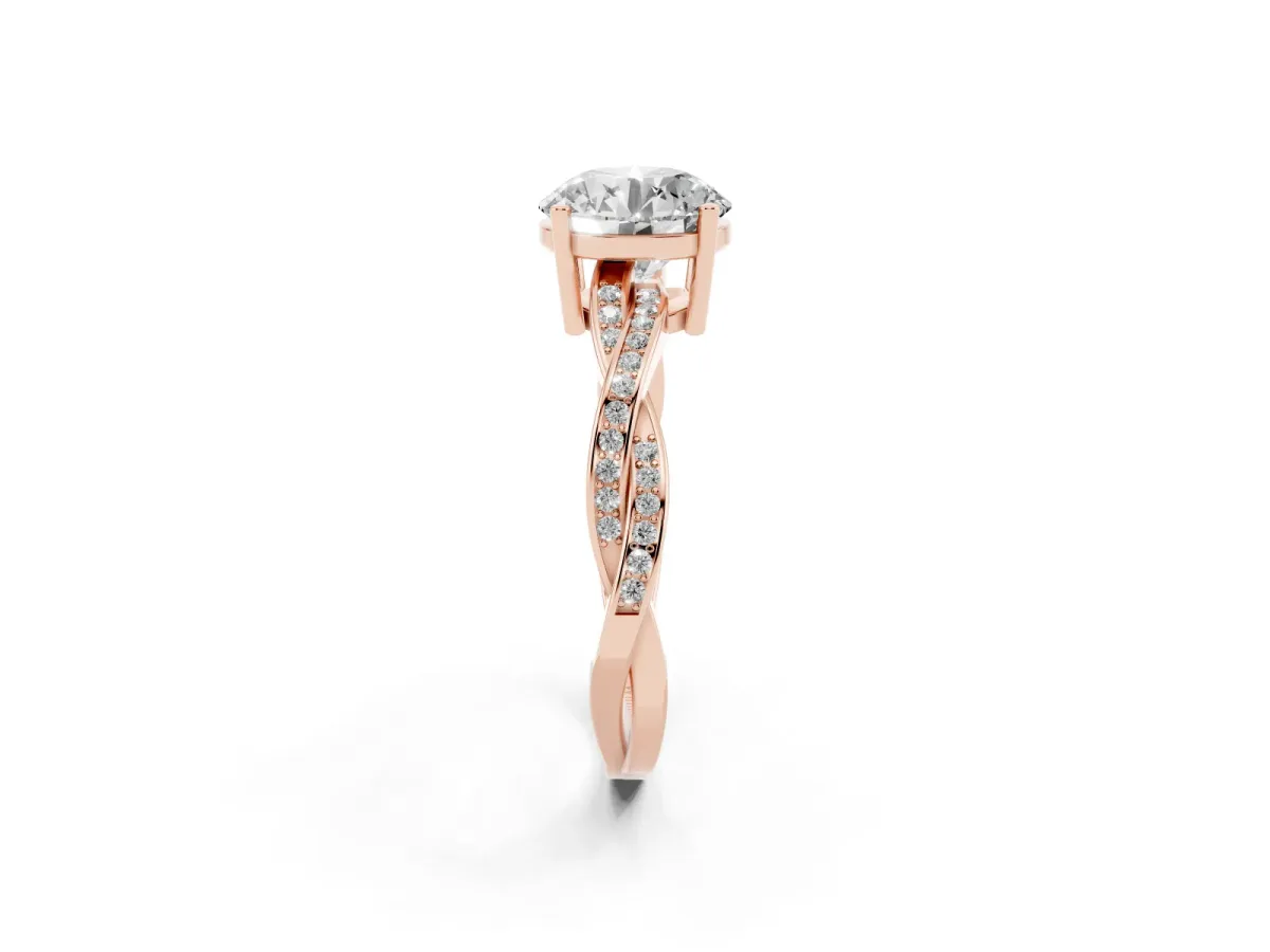 Round Cut Solitaire Twisted Pave Diamond Ring with Four-Prong Setting Rose gold