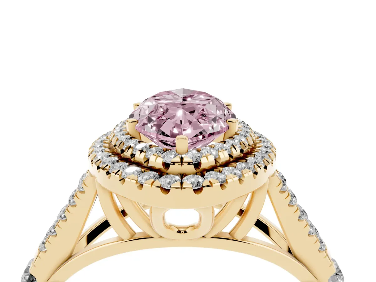 Fancy Pink Double Halo Marquise Cut Diamond Split Shank Engagement Ring with Four-Prong Setting Yellow gold