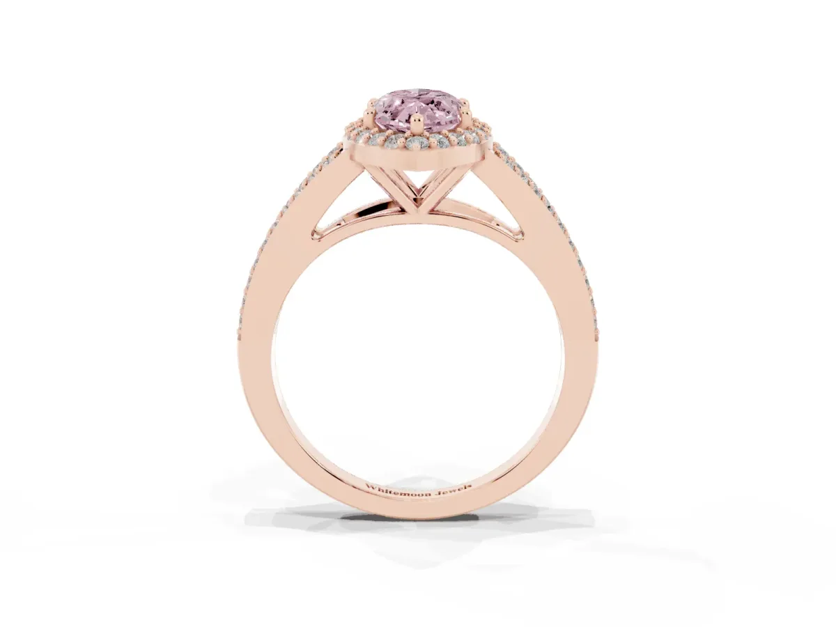 Fancy Pink Marquise Cut Halo Split Shank Pave Diamond Ring with Four-Prong Setting Rose gold