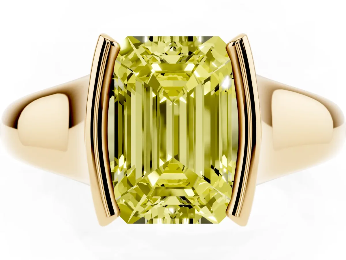 Fancy Yellow Emerald Cut Solitaire Tension Set Diamond Ring with Split Shank Band Yellow gold
