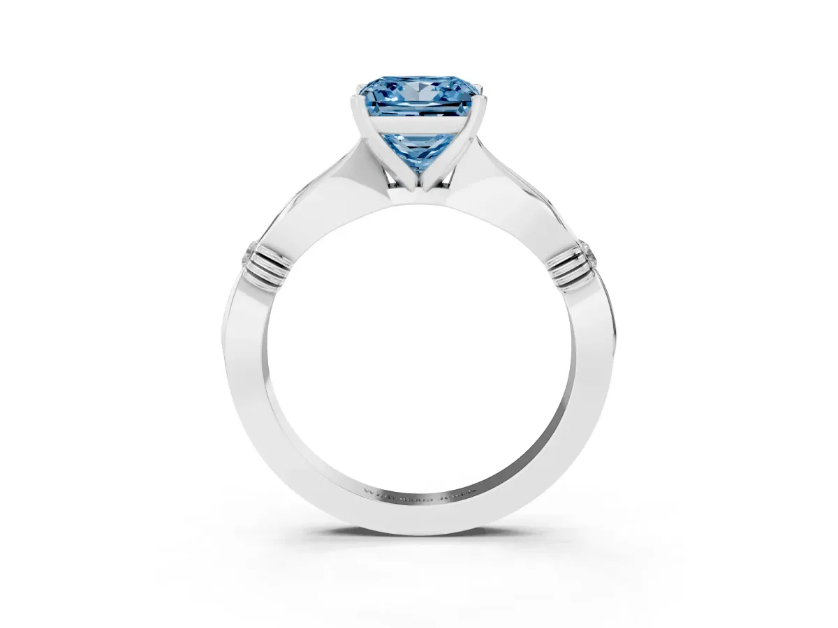 Fancy Blue Princess Cut Solitaire Diamond Twisted Band with Four-Prong Setting Platinum