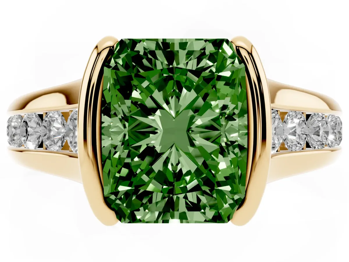 Fancy Green Radiant Cut Solitaire Bezel-Set Diamond Ring with Channel-Set Band Yellow gold