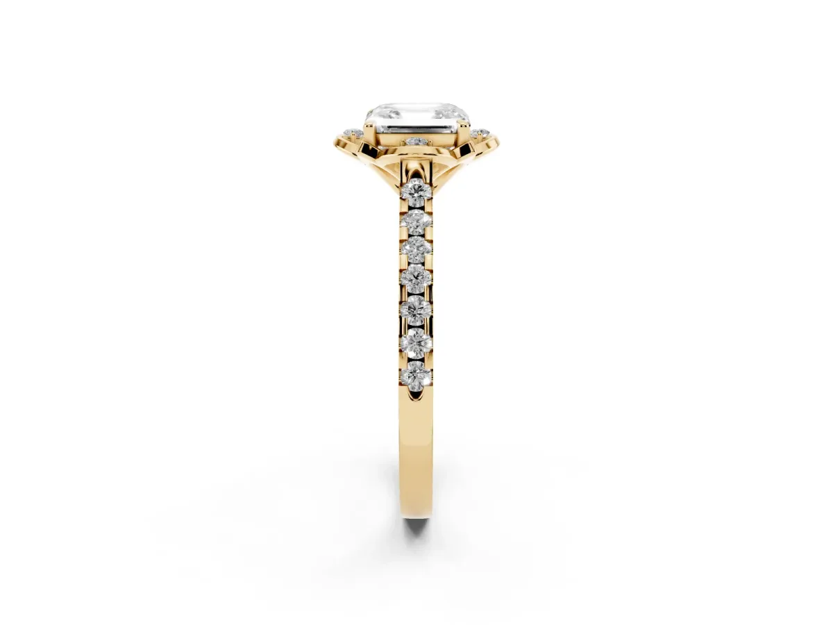 Asscher Cut Diamond Ring with Pavé Band and Floral Prong Setting Yellow gold