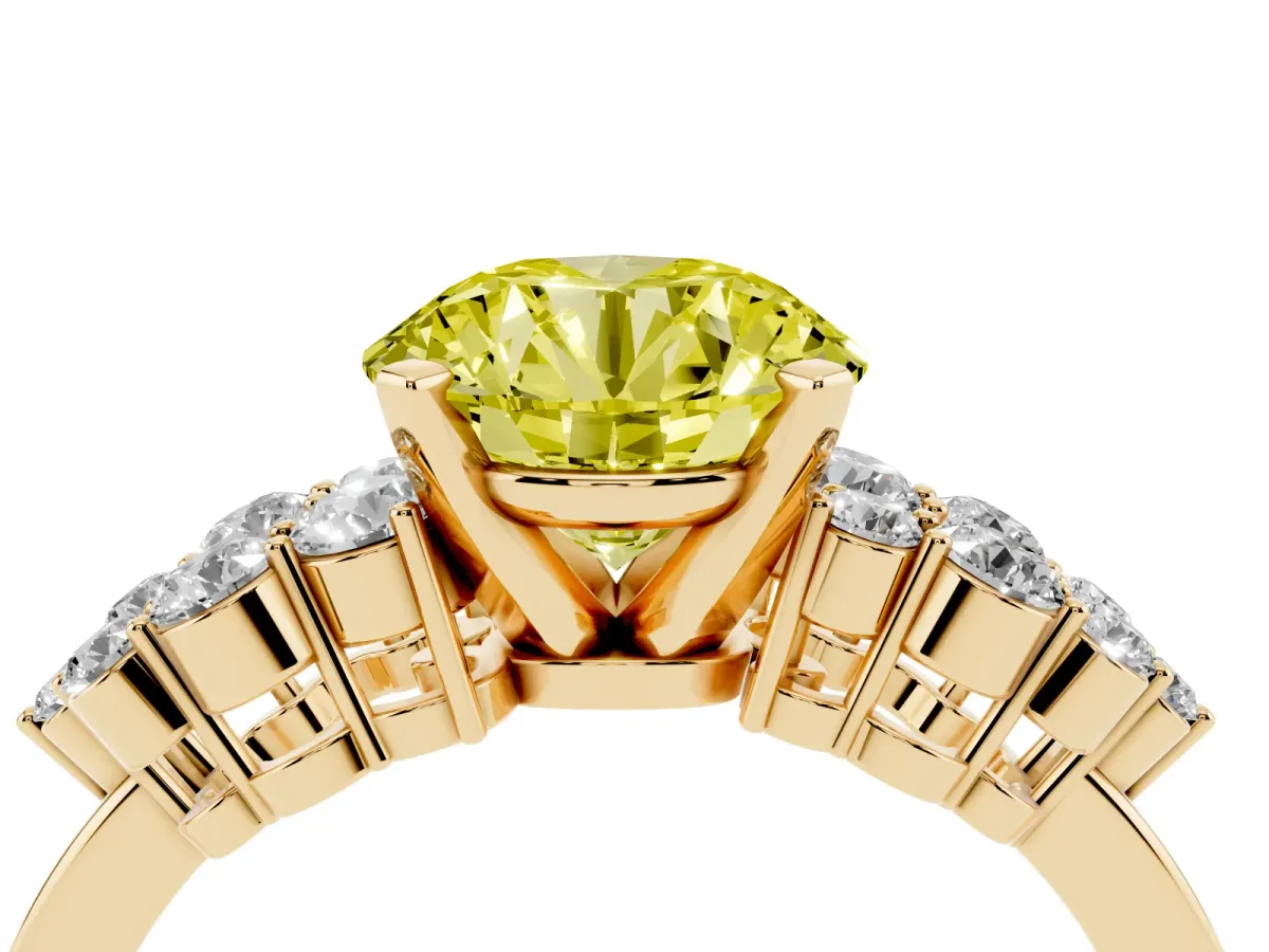 Fancy Yellow Round Cut Cluster Diamond Engagement Ring with Pavé Band and Four-Prong Setting Yellow gold