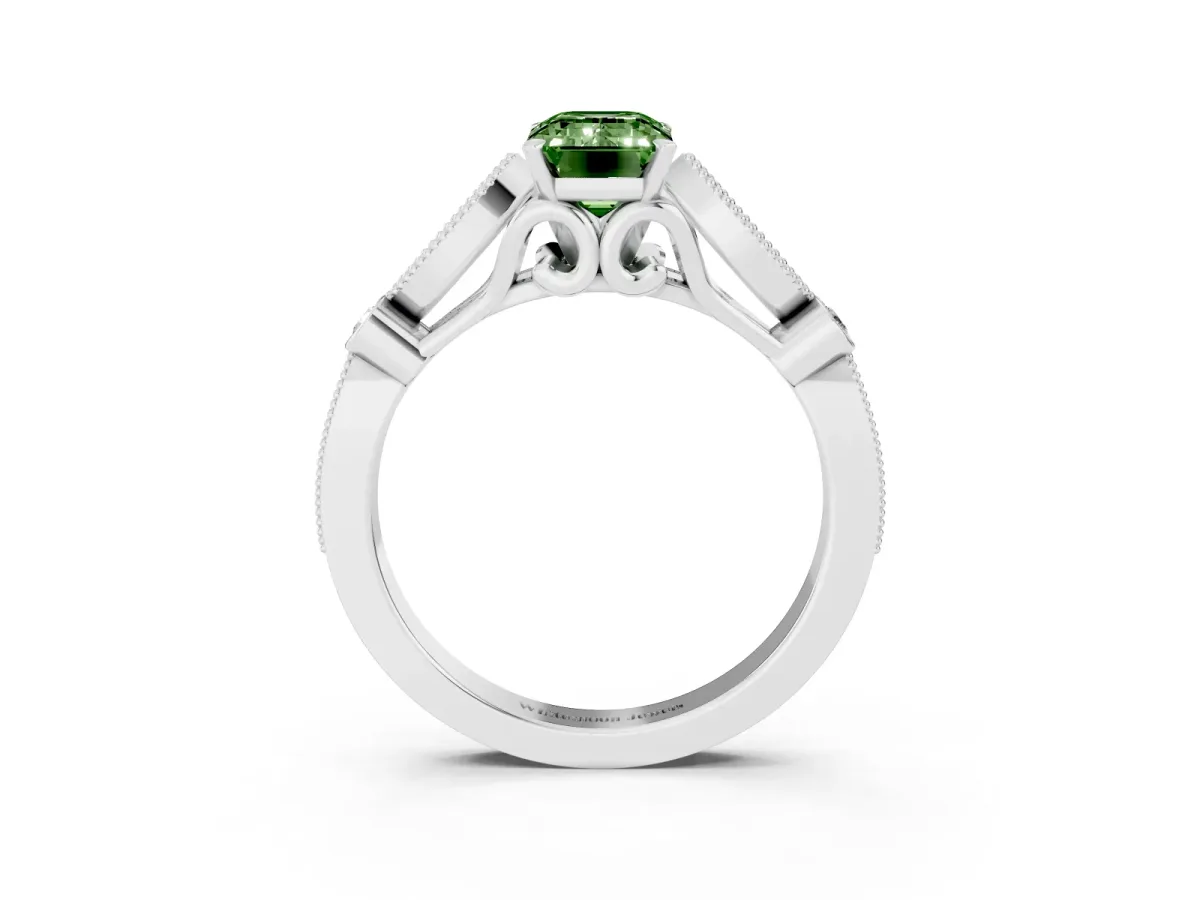 Fancy Green Emerald Cut Cut Diamond with Milgrain Marquise and Bezel Accents on a Solitaire Band with Prong Setting Silver
