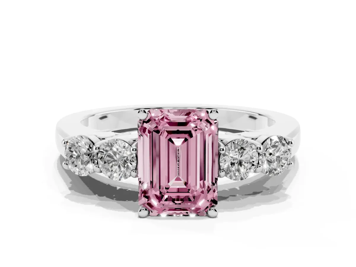 Fancy Pink Emerald Cut Cut Diamond Five-Stone Prong Set White Gold Ring Silver