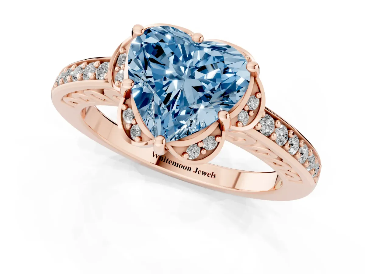 Fancy Blue Heart Cut Cut Halo Diamond Ring with Channel Set Band and Four-Prong Setting Rose gold