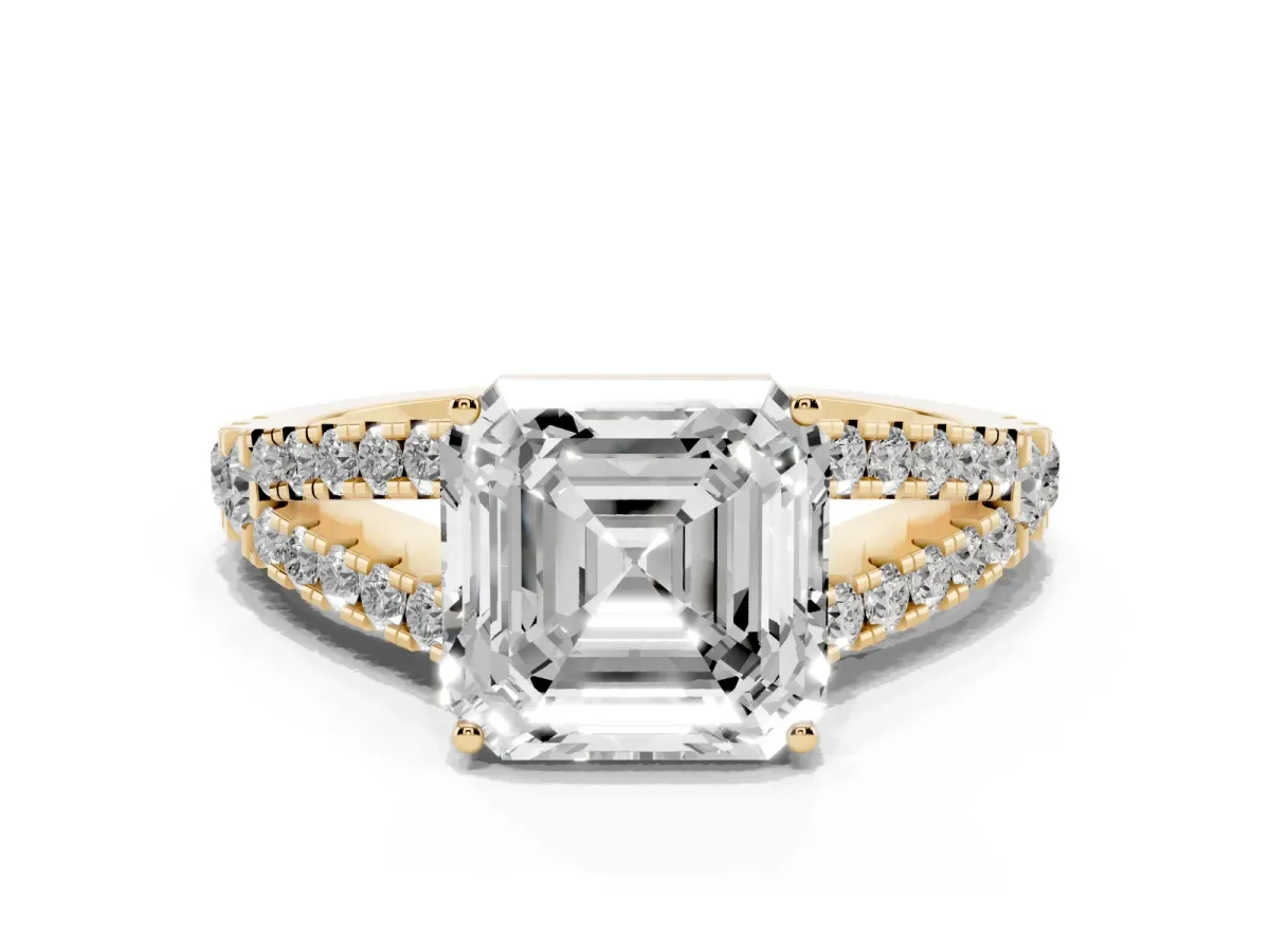 Asscher Cut Diamond Split Shank Engagement Ring with Round Pavé and Prong Setting Yellow gold