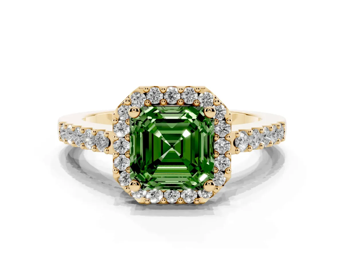 Fancy Green Asscher Cut Halo Diamond Pavé Solitaire Ring Yellow gold