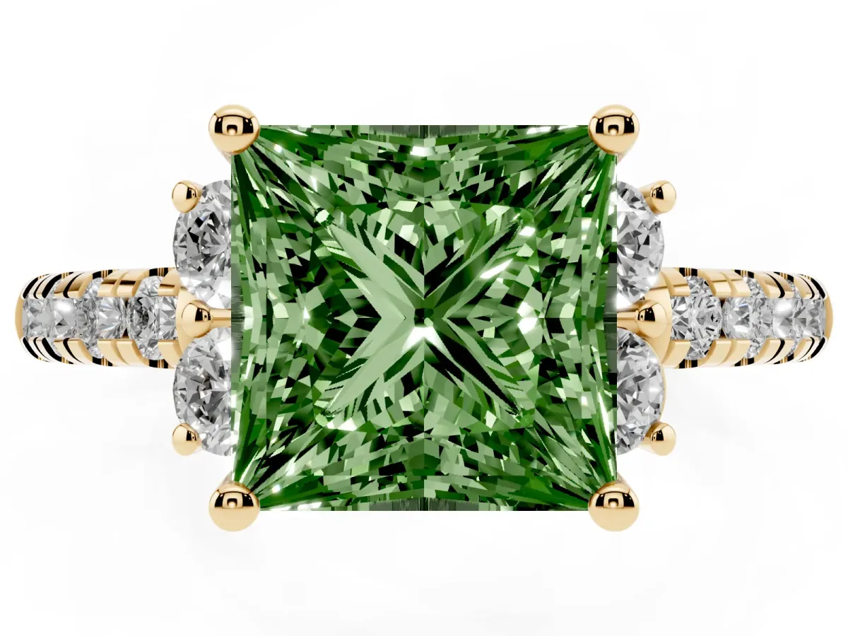 Fancy Green Princess Cut Diamond Three-Stone Pave Band with Four-Prong Setting Yellow gold