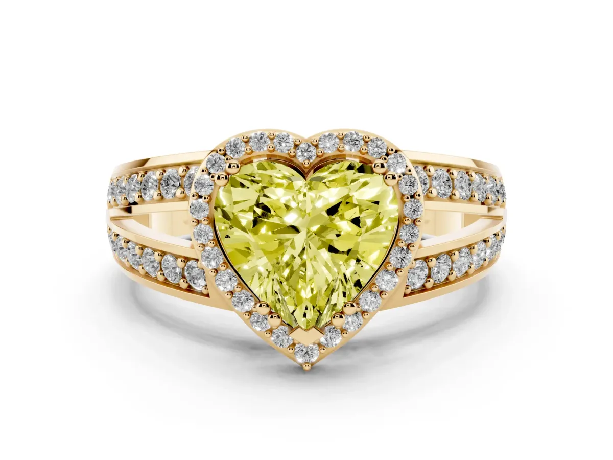 Fancy Yellow Heart Cut Diamond Halo Ring with Split Shank Pavé Band and Four-Prong Setting Yellow gold