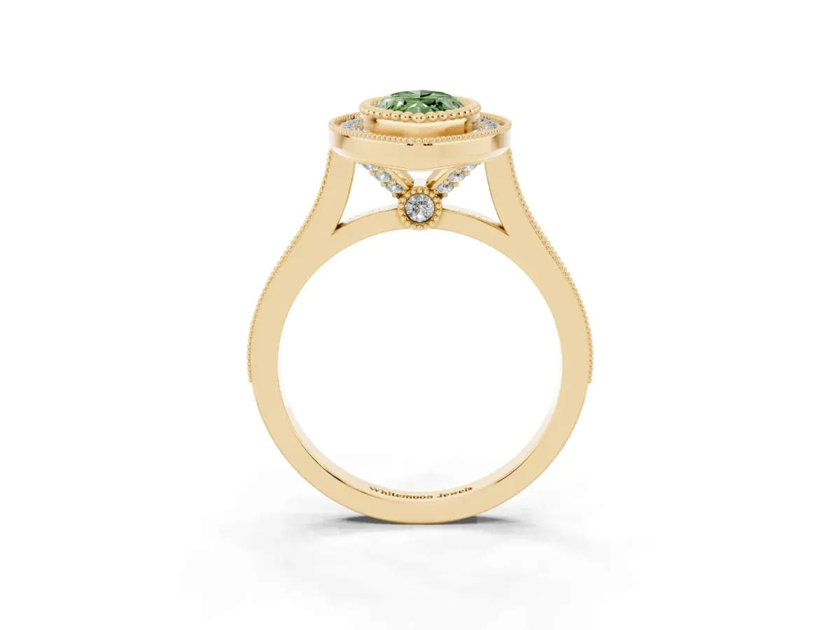 Fancy Green Marquise Cut Diamond Halo Ring with Milgrain Frame and Pavé Band Yellow gold