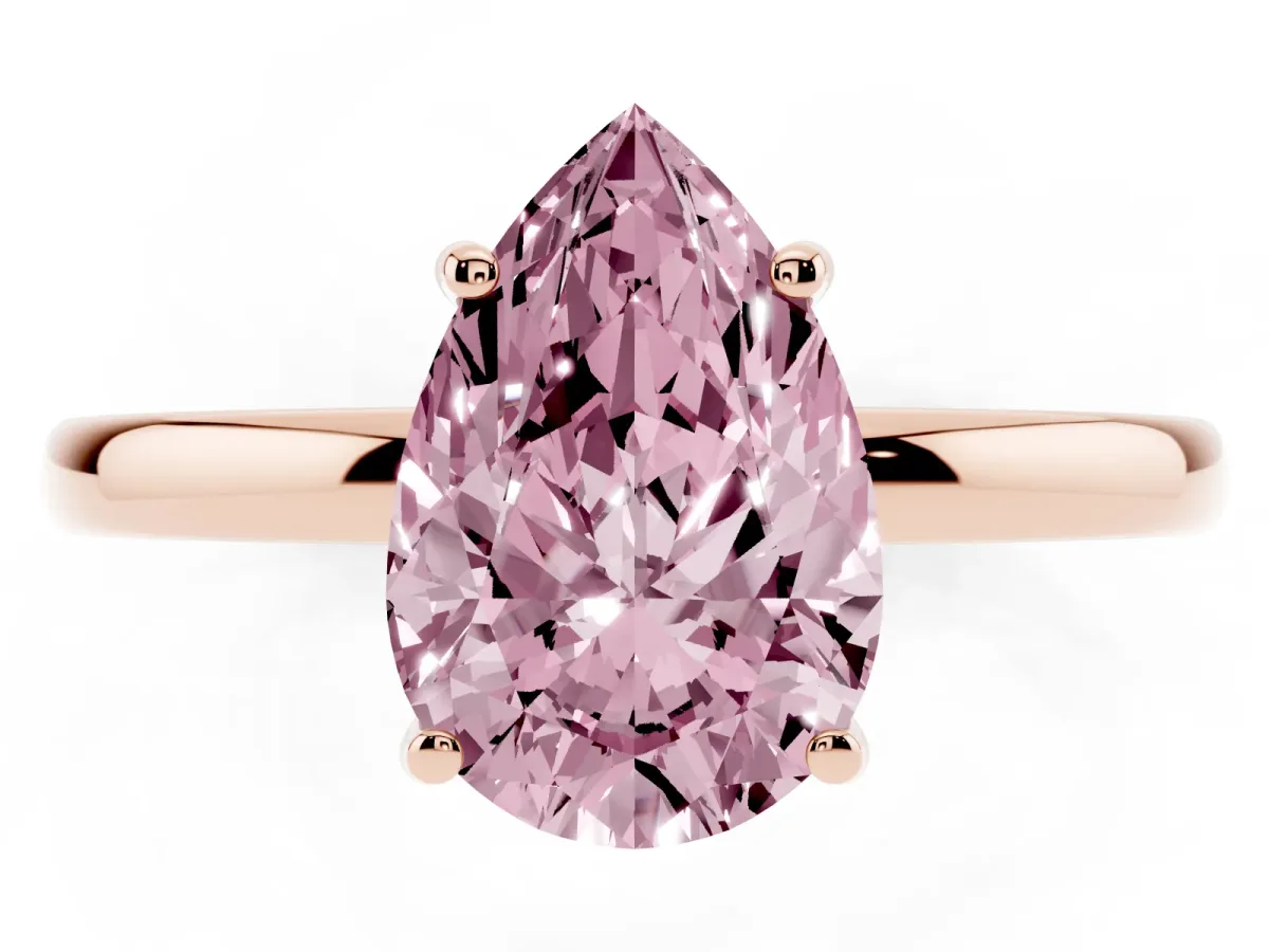Fancy Pink Pear Cut Solitaire Diamond Ring with Prong Setting and Plain Band Rose gold