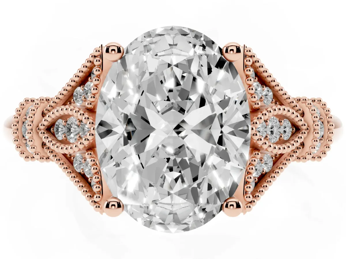 Oval Cut Diamond Solitaire Ring with Floral Filigree and Pave Accents Rose gold