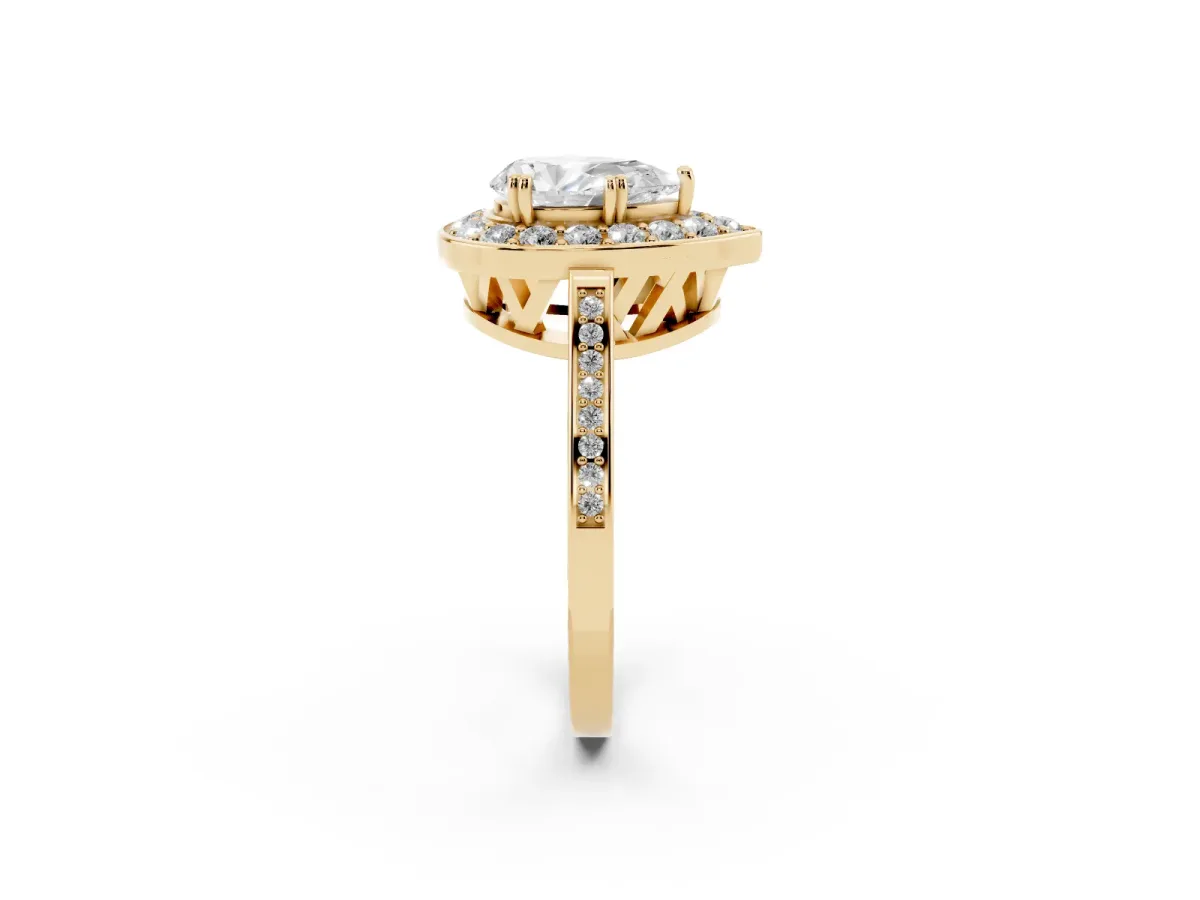 Pear Cut Diamond Halo Ring with Split Shank and Four-Prong Setting Yellow gold