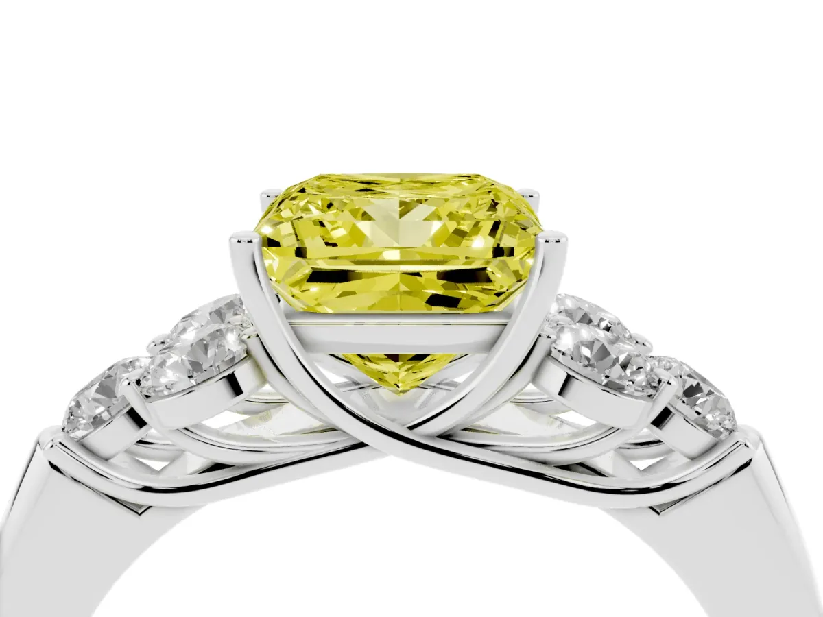 Fancy Yellow Princess Cut Cut Diamond Cluster Ring with Round Accent Stones and Prong Setting on a Classic Band White gold