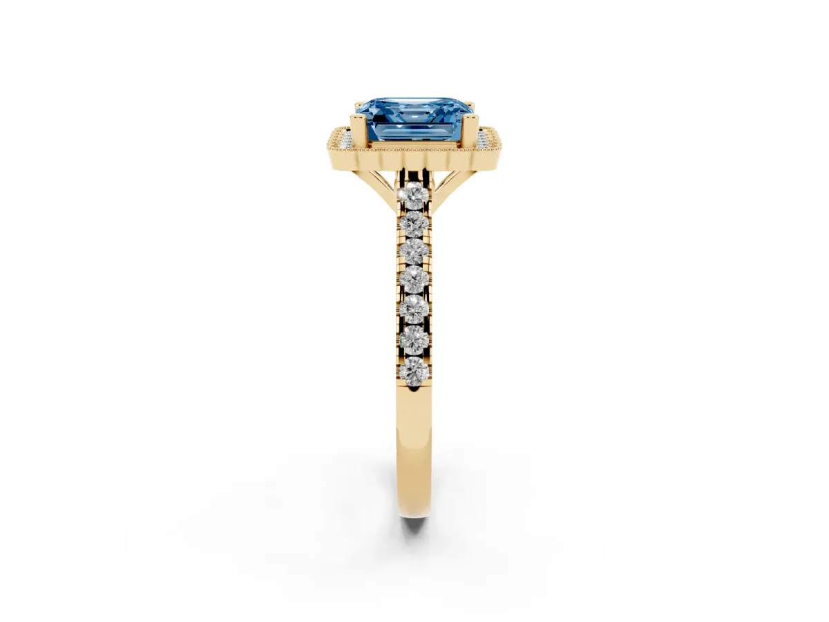 Fancy Blue Asscher Cut Cut Diamond Milgrain Floral Halo Engagement Ring with Pavé Band Yellow gold