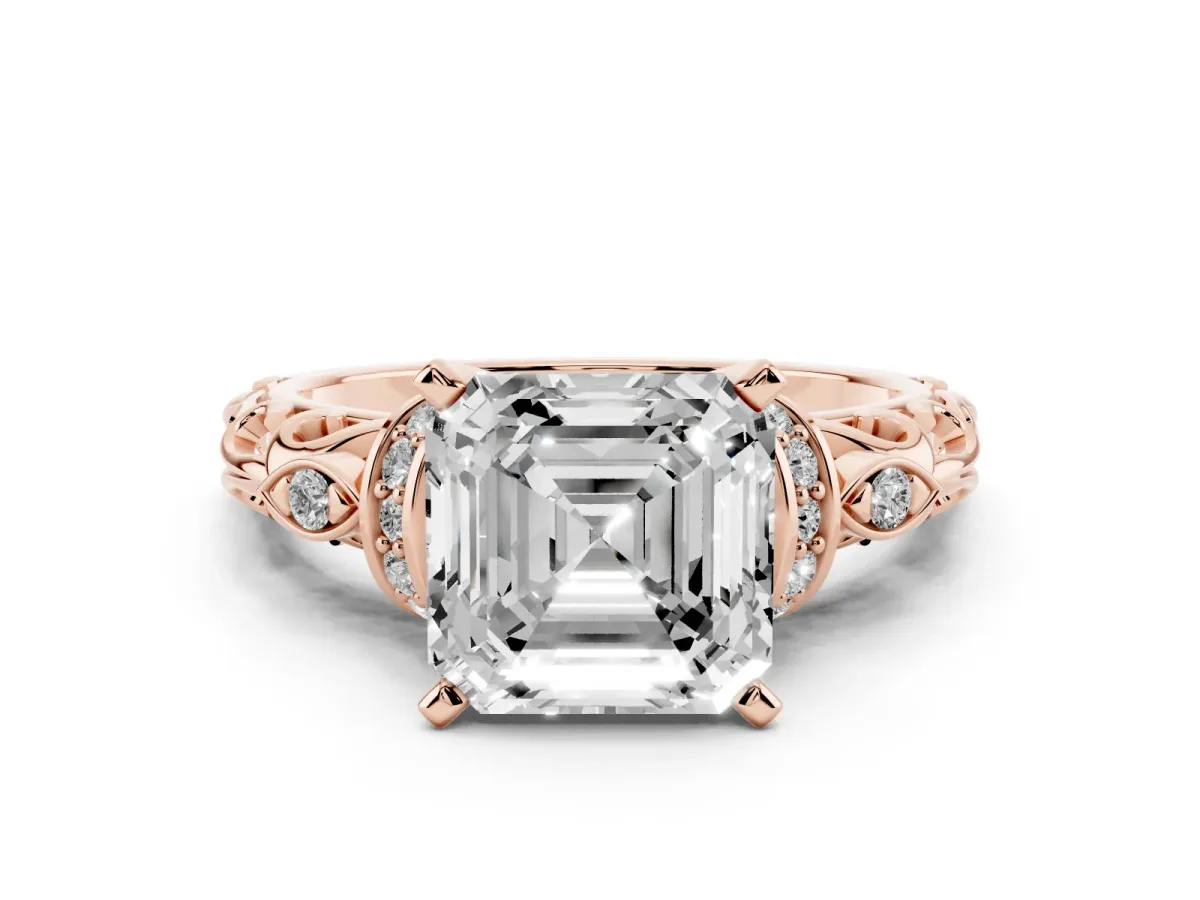 Asscher Cut Diamond Solitaire Ring with Filigree Band and Four-Prong Setting Rose gold