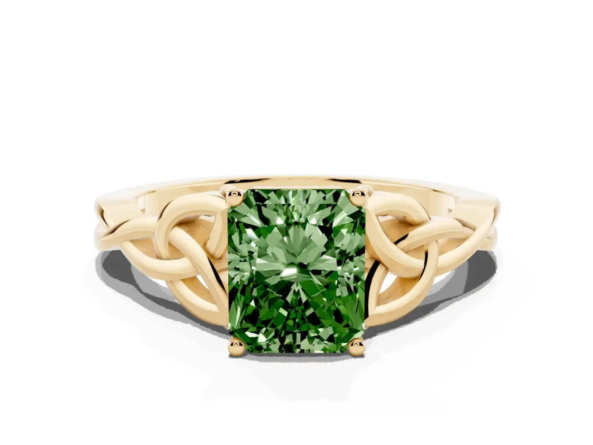 Fancy Green Radiant Cut Diamond Solitaire Engagement Ring with Celtic Knot Band and Four-Prong Setting Yellow gold