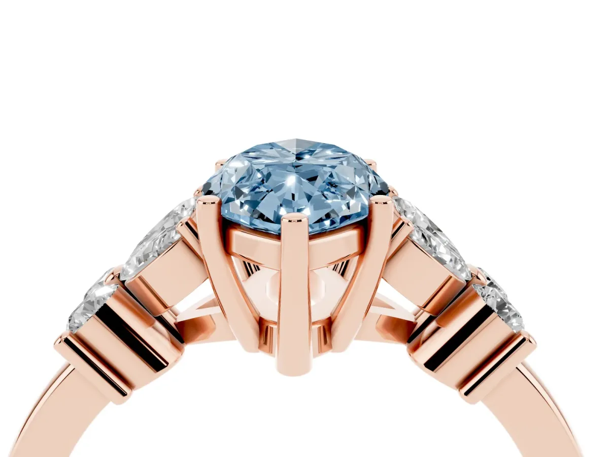 Fancy Blue Marquise Cut Diamond Floral Cluster Ring with Solitaire Band and Prong Setting Rose gold