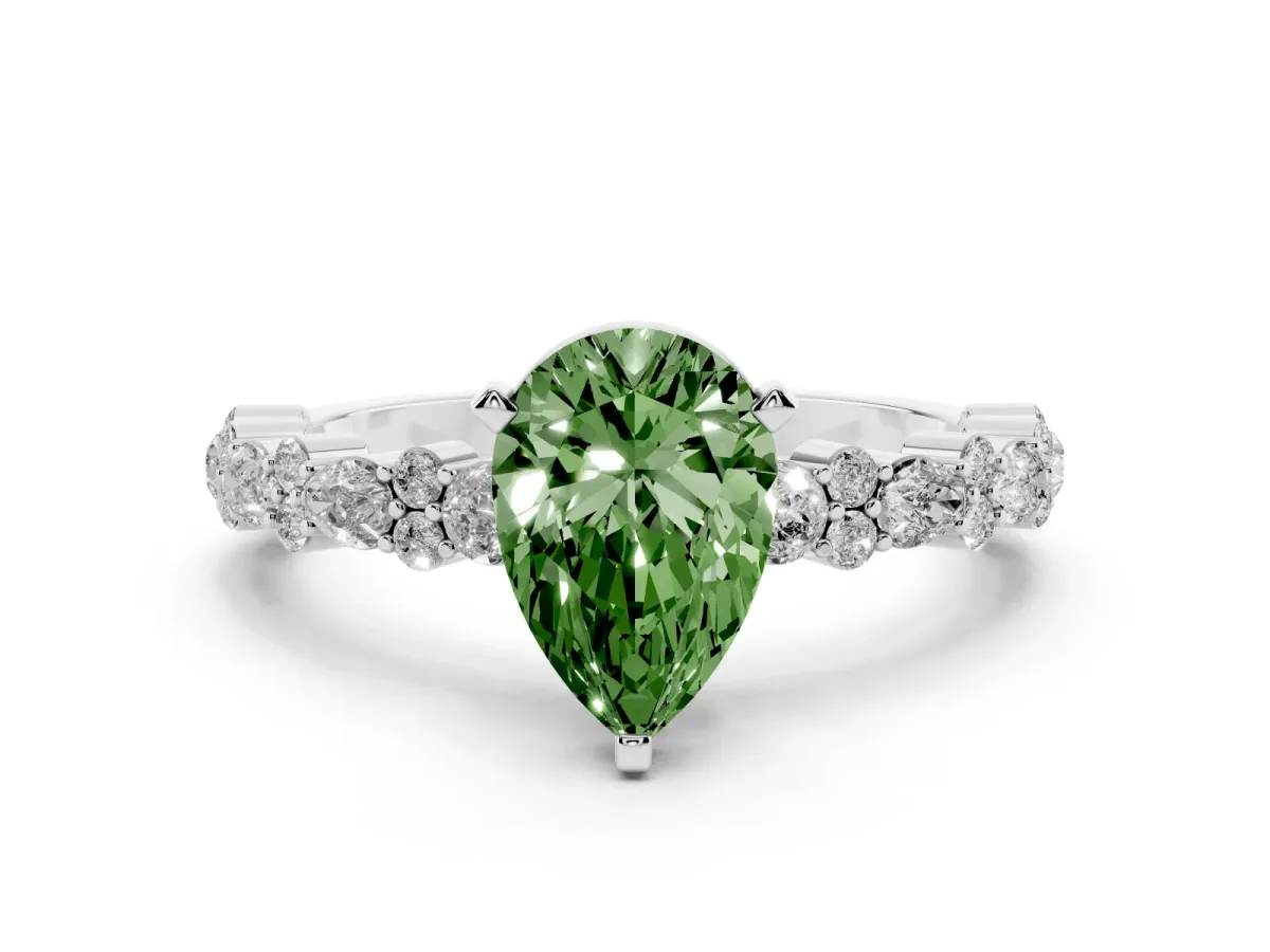 Fancy Green Pear Cut Diamond Side Stone Solitaire Ring with Round and Four-Prong Setting Silver