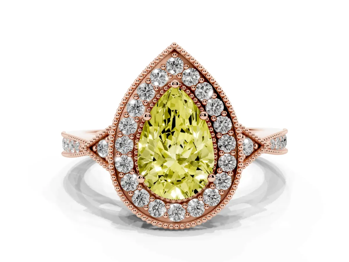 Fancy Yellow Pear Cut Halo Round Diamond Milgrain Pave Engagement Ring Rose gold