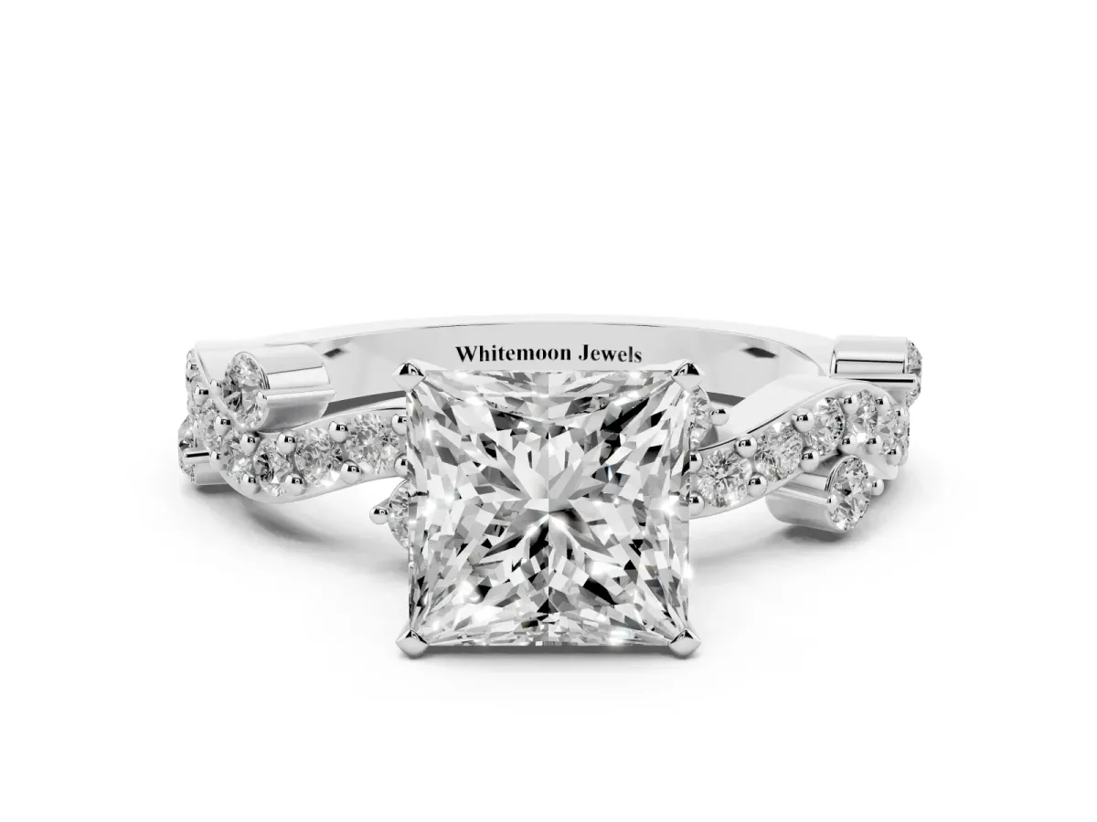 Princess Cut Cut Solitaire Diamond Twisted Band with Pave Setting Platinum