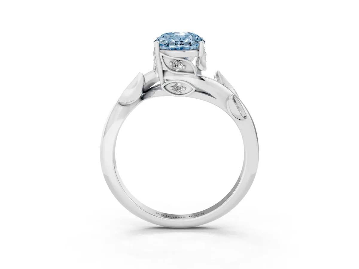 Fancy Blue Oval Cut Solitaire Twist Engagement Ring with Leaf Accents and Prong Setting Silver