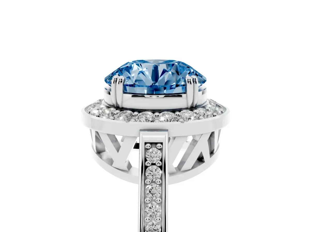 Fancy Blue Round Cut Diamond Halo Ring with Split Shank and Four-Prong Setting White gold