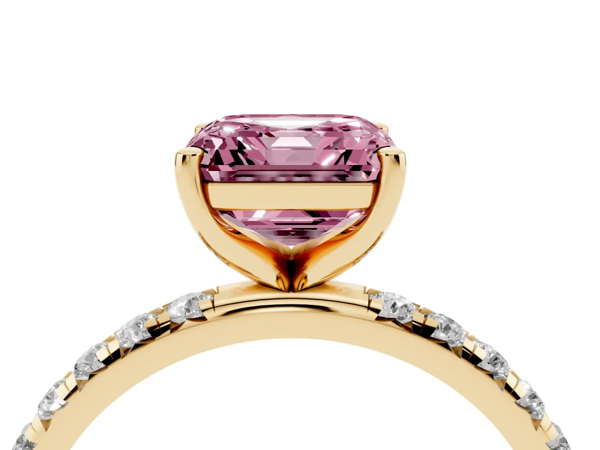 Fancy Pink Asscher Cut Cut Diamond Solitaire Ring with Micro Pave Band and Four Prong Setting Yellow gold