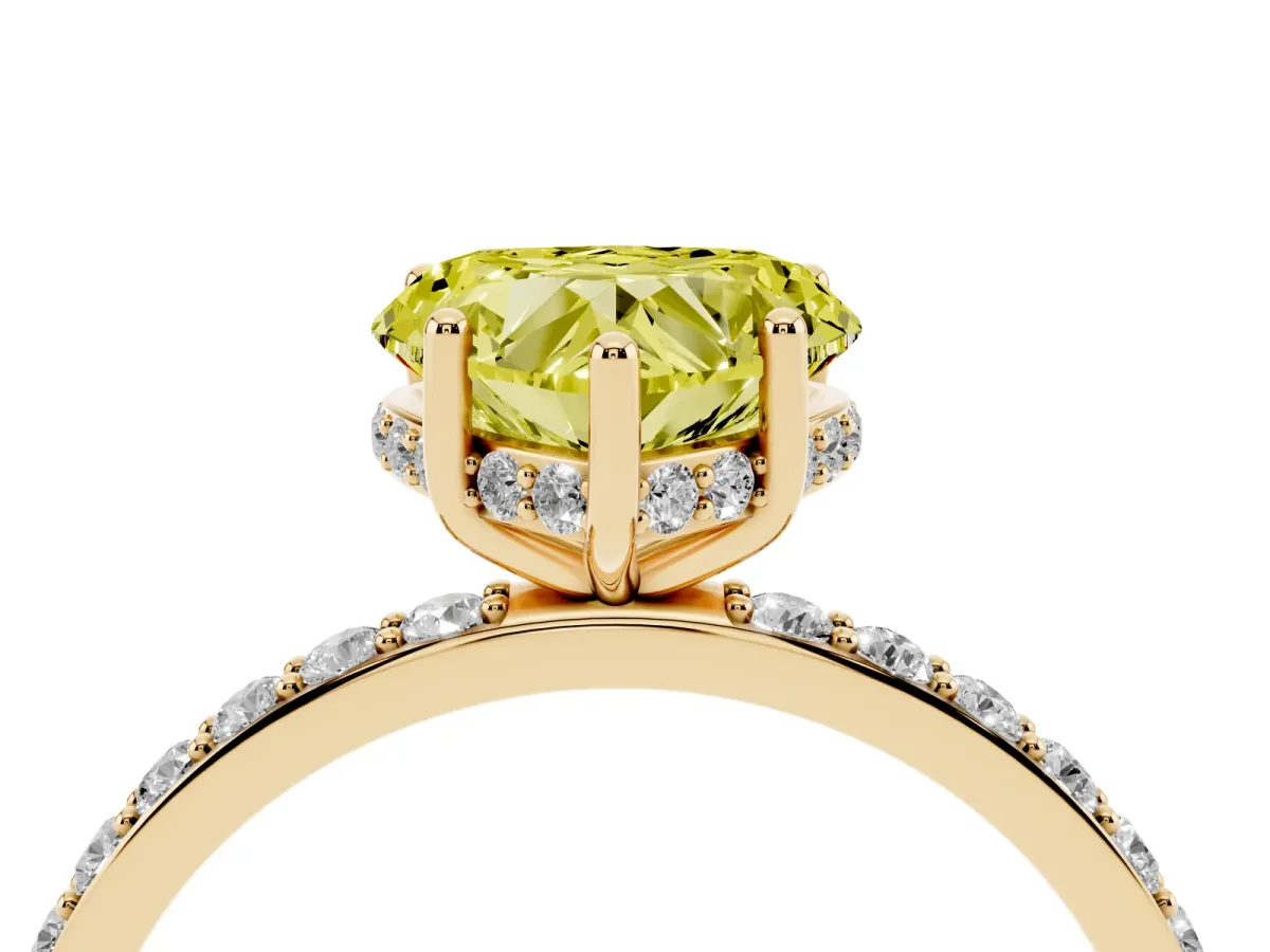 Fancy Yellow Heart Cut Diamond Solitaire Ring with Pavé Band and Hidden Halo Yellow gold