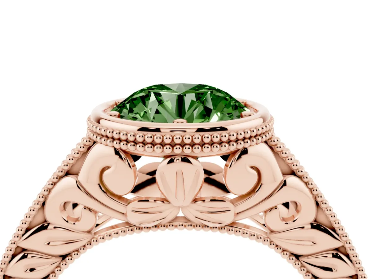 Fancy Green Bezel Set Round Cut Diamond Milgrain Pave Engagement Ring Rose gold