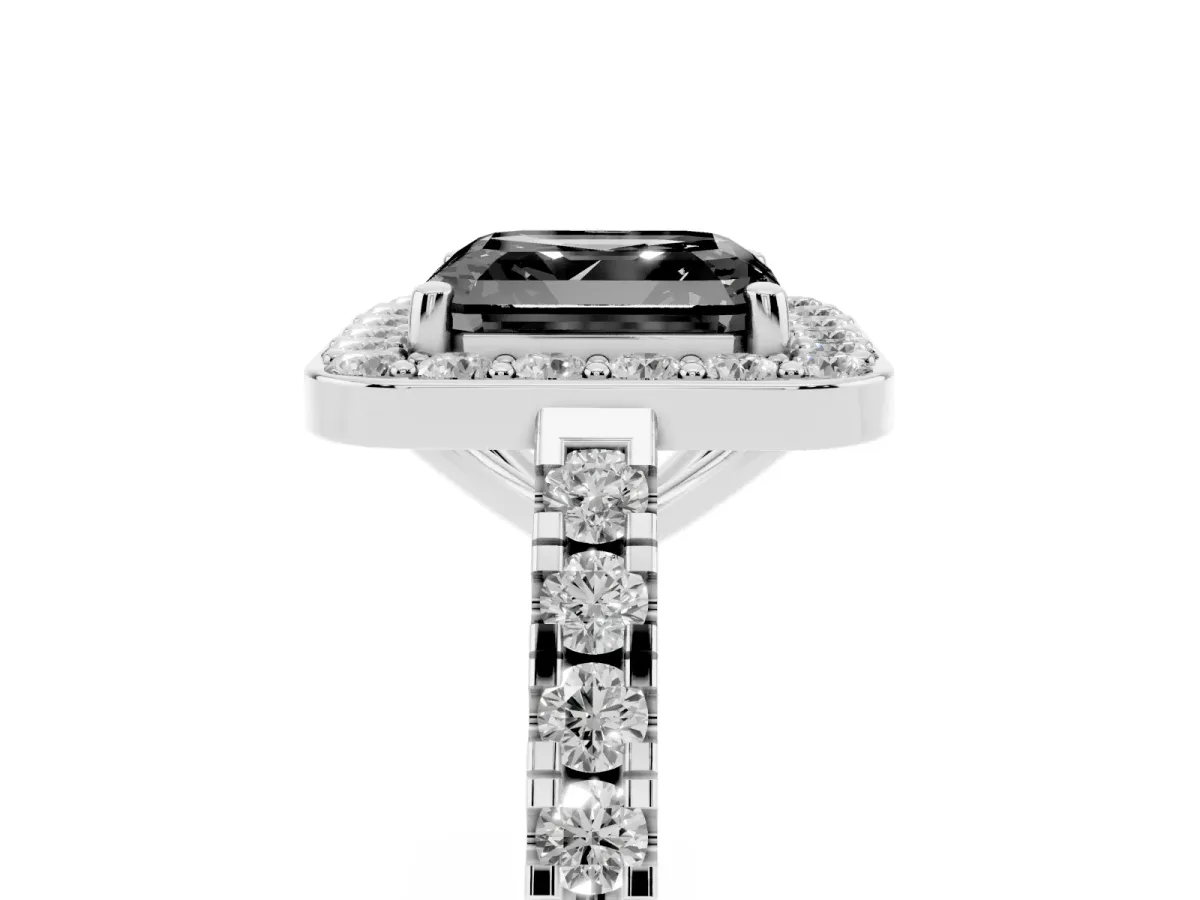 Fancy Black Asscher Cut Diamond Halo Ring with Round Pavé Split Shank and Prong Setting Silver