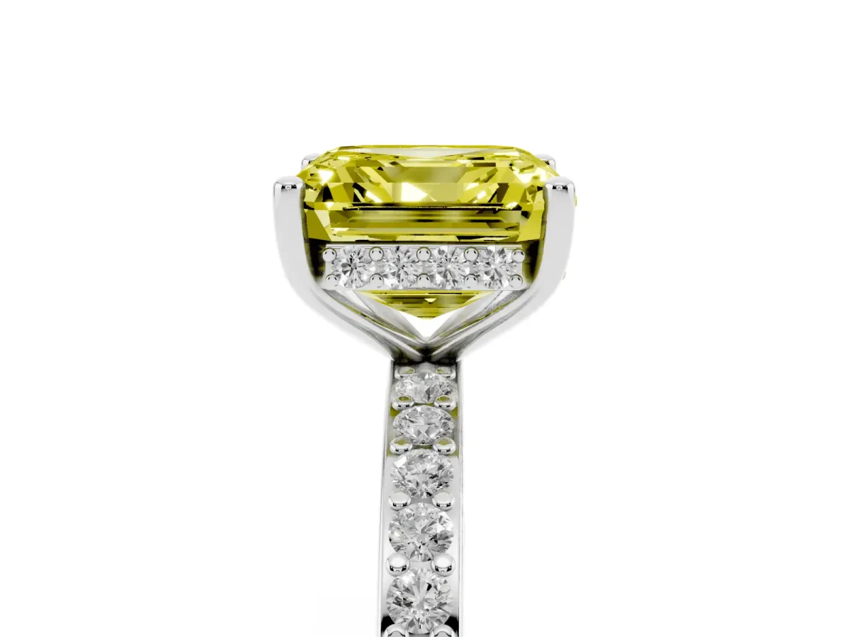 Fancy Yellow Asscher Cut Cut Diamond Pavé Band Ring with Four-Prong Setting Platinum