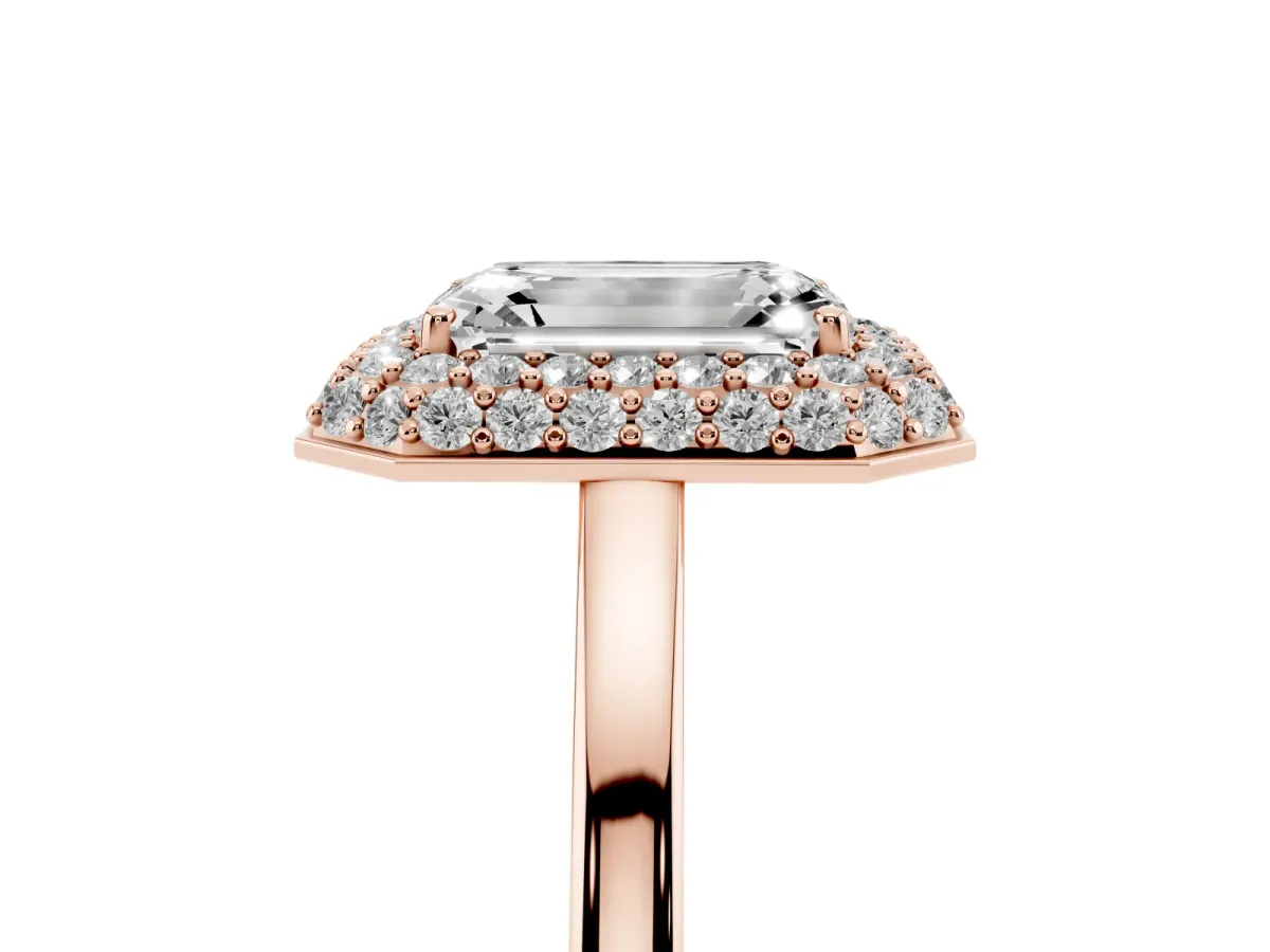 Emerald Cut Halo Diamond Engagement Ring with Solitaire Band and Four-Prong Setting Rose gold