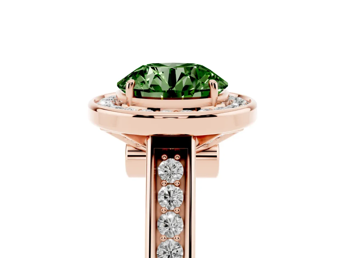 Fancy Green Round Cut Halo Solitaire Diamond Ring with Pave Band and Bezel Setting Rose gold