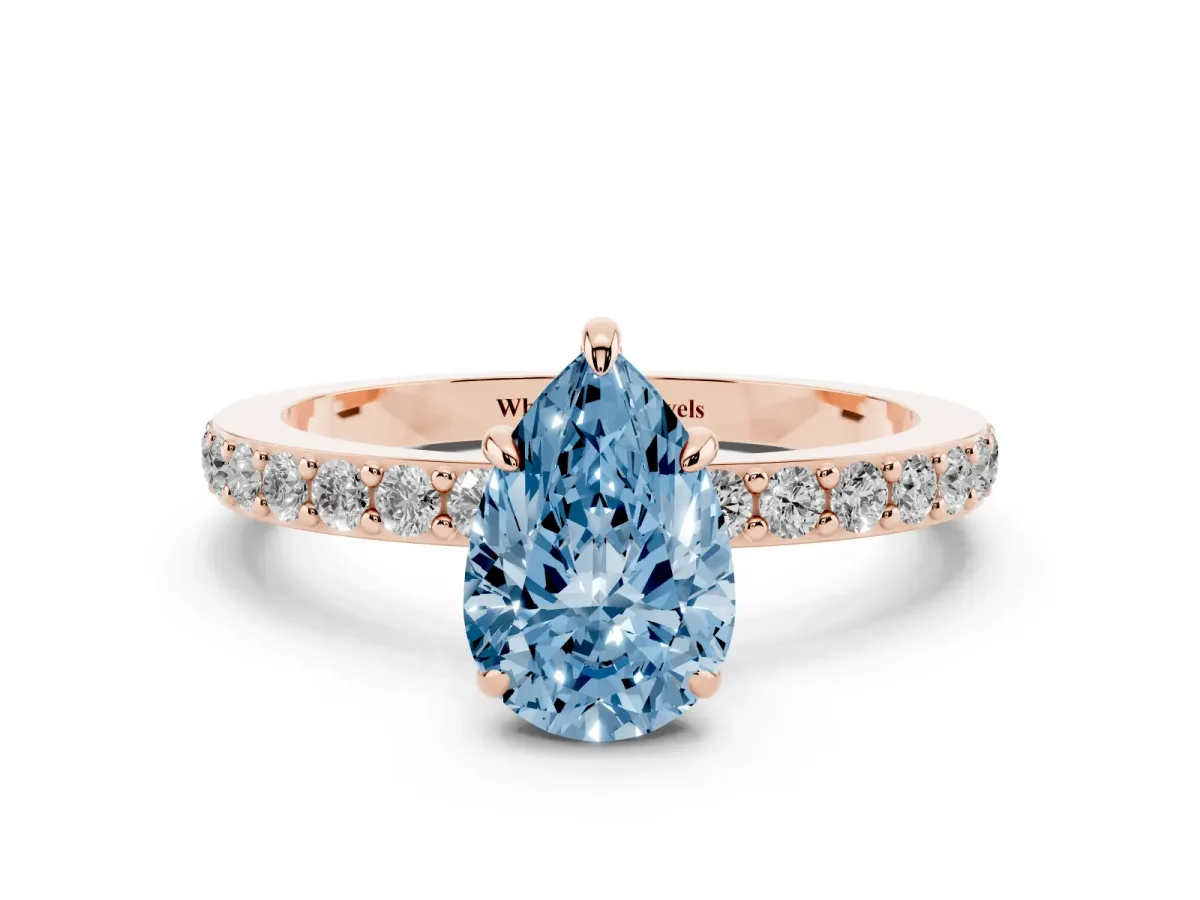 Fancy Blue Pear Cut Diamond Pavé Engagement Ring with Round Accents and Prong Setting Rose gold