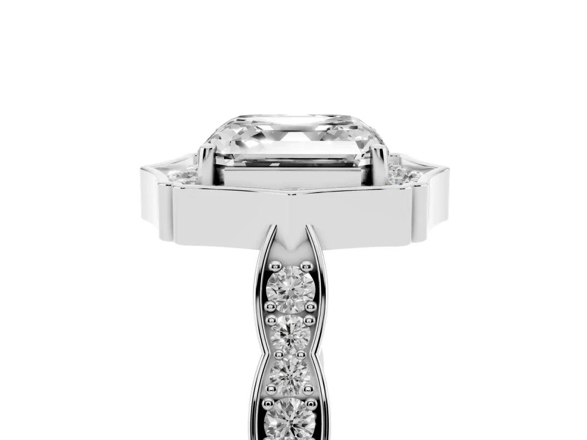 Asscher Cut Halo Diamond Engagement Ring with Milgrain Band and Four-Prong Setting Silver