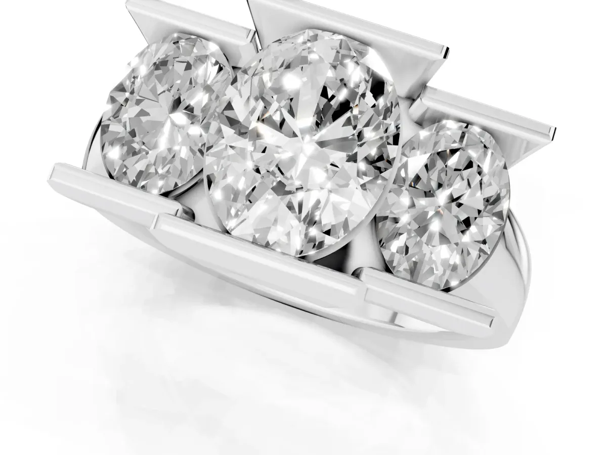 Three Stone Oval Cut Cut Channel Set Diamond Ring Silver