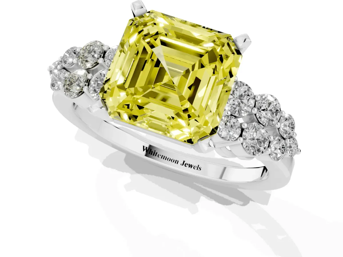 Fancy Yellow Asscher Cut Cluster Diamond Engagement Ring with Pavé Band and Four-Prong Setting Platinum